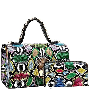 Flip-lock 2-Way Snake Print Box Satchel