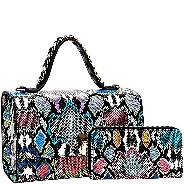 Flip-lock 2-Way Snake Print Box Satchel