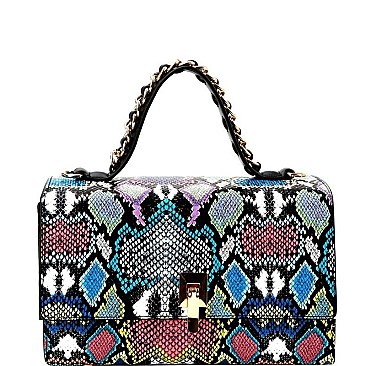 Flip-lock 2-Way Snake Print Box Satchel