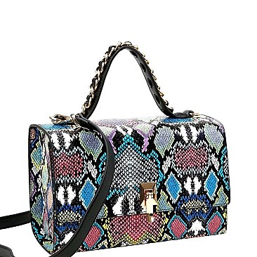 Flip-lock 2-Way Snake Print Box Satchel