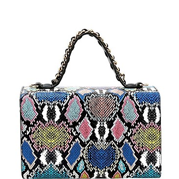 Flip-lock 2-Way Snake Print Box Satchel