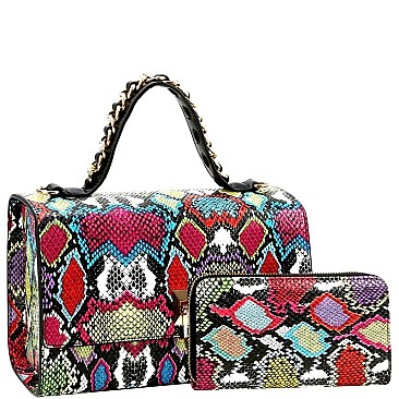 Flip-lock 2-Way Snake Print Box Satchel