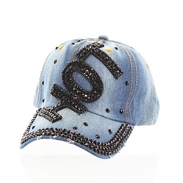 HOT in Black Rhinestones on Distressed Denim Fashion Cap MEZ718