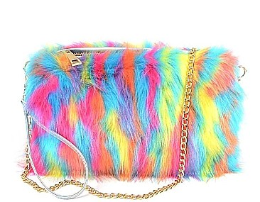 FAUX FUR NEON MULTICOLOR POUCH BAG