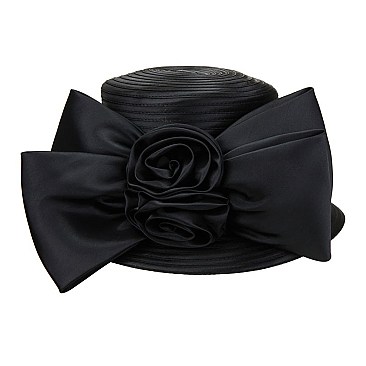 Metallic Satin Braid Hat with 2 Big Satin Bow And Flowers MEZ2166
