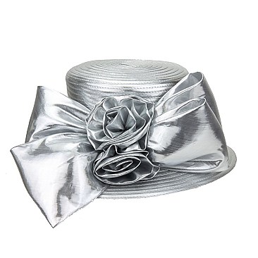 Metallic Satin Braid Hat with 2 Big Satin Bow And Flowers MEZ2166