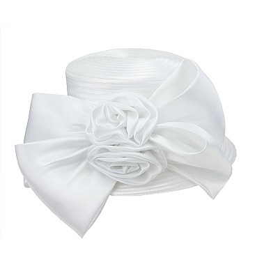 Metallic Satin Braid Hat with 2 Big Satin Bow And Flowers MEZ2166