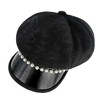 ANIMAL PRINT NEWSBOY CAP WITH PEARL ACCENT