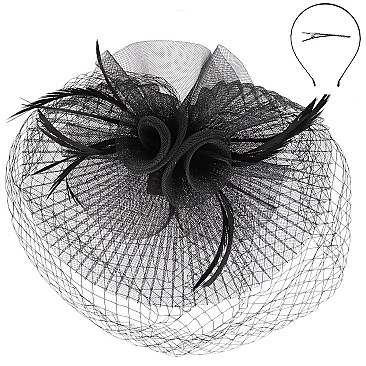 Large Mesh Netted Fascinator with Feathers