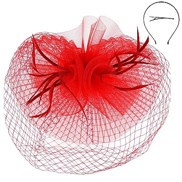 Large Mesh Netted Fascinator with Feathers