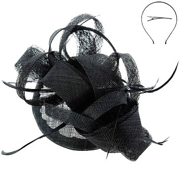SINAMAY LOOPY Ribbon and FEATHER Accented CAP Fascinator