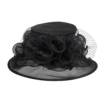 Elegant Medium Brim Two Tone Organza Hat with Floral Center Netting SLHTO2149