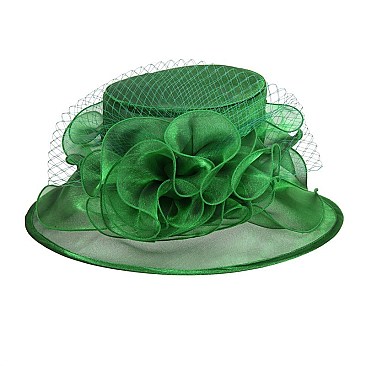 Elegant Medium Brim Two Tone Organza Hat with Floral Center Netting SLHTO2149