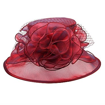 Elegant Medium Brim Two Tone Organza Hat with Floral Center Netting SLHTO2149