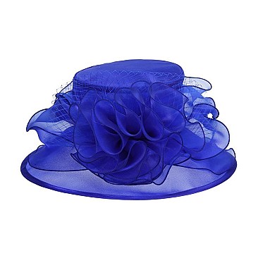 Elegant Medium Brim Two Tone Organza Hat with Floral Center Netting SLHTO2149