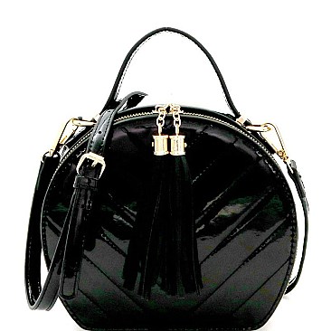 Tassel Accent Chevron Quilted Patent Round Satchel MH-HY4162