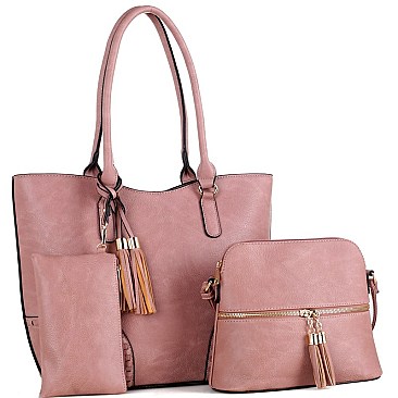 3 IN 1 BOHO DETAIL TOTE SET WITH DOME CROSS BODY