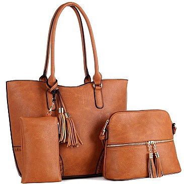 3 IN 1 BOHO DETAIL TOTE SET WITH DOME CROSS BODY