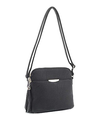 TASSEL ACCENT PLAIN TEXTURE CROSSBODY BAG