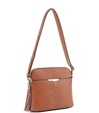 TASSEL ACCENT PLAIN TEXTURE CROSSBODY BAG
