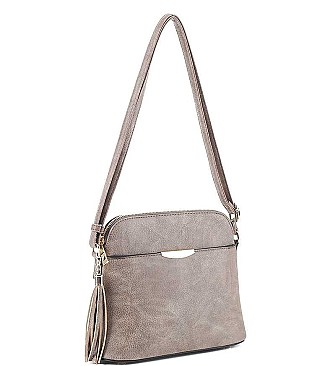 TASSEL ACCENT PLAIN TEXTURE CROSSBODY BAG
