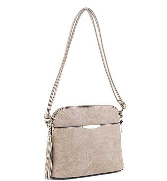 TASSEL ACCENT PLAIN TEXTURE CROSSBODY BAG