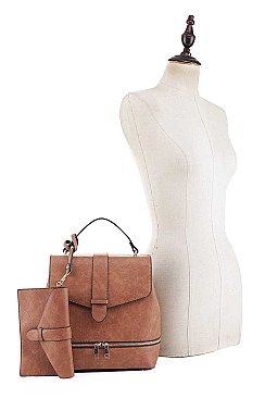 2 IN 1FRONT ZIP BUCKLE DESIGN BACKPACK CLUTCH SET