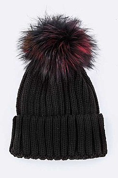 Fashion Beanie With Dyed Raccoon Fur Pompom
