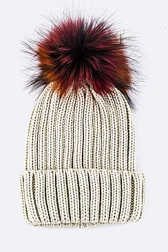 Fashion Beanie With Dyed Raccoon Fur Pompom