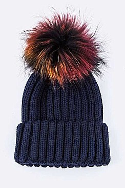 Fashion Beanie With Dyed Raccoon Fur Pompom