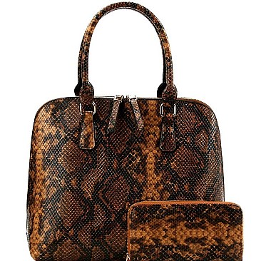 TWO WAY SNAKE PRINT DOME SATCHEL WALLET SET