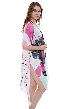Bold Flamingo and Abstract Print Cover-Up Kimono