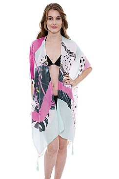 Bold Flamingo and Abstract Print Cover-Up Kimono