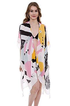 Abstract Print Long Light Topper Kimono