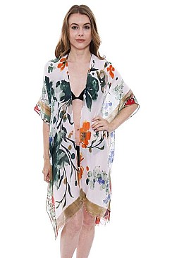 Floral Print Side Slit Long Kimono