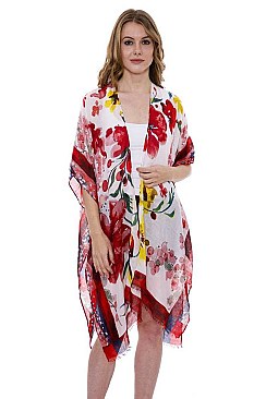 Floral Print Side Slit Long Kimono