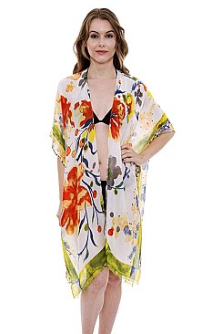 Floral Print Side Slit Long Kimono