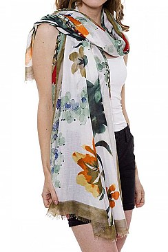 Short Trim Floral Print Long Scarf