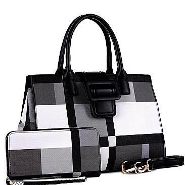 Plaid Checker Buckle Accent Print Satchel Wallet SET