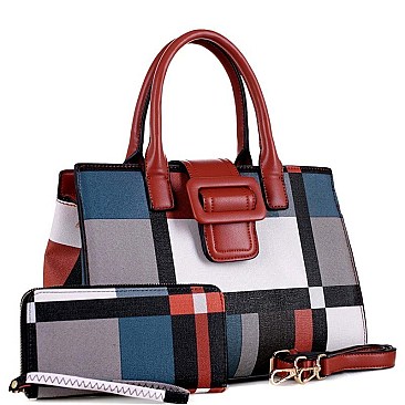 Plaid Checker Buckle Accent Print Satchel Wallet SET