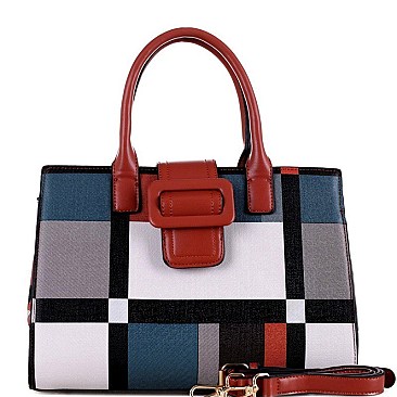 Plaid Checker Buckle Accent Print Satchel Wallet SET