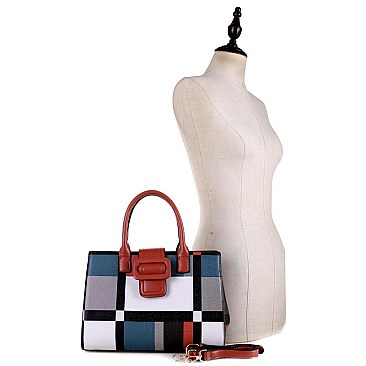 Plaid Checker Buckle Accent Print Satchel Wallet SET