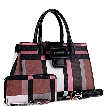 Plaid Checker Buckle Accent Print Satchel Wallet SET