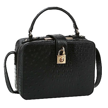 Ostrich Croc Twist Lock Boxy Crossbody Bag Satchel
