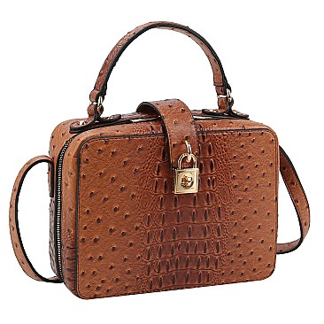 Ostrich Croc Twist Lock Boxy Crossbody Bag Satchel