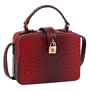 Ostrich Croc Twist Lock Boxy Crossbody Bag Satchel