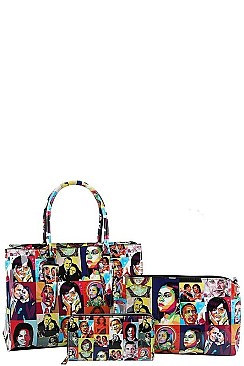 3IN1 TRENDY OBAMA PRINT ART SATCHEL CROSS BODY AND WALLET SET