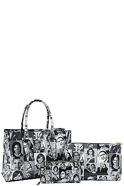 3IN1 TRENDY OBAMA PRINT ART SATCHEL CROSS BODY AND WALLET SET