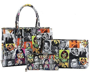 3IN1 TRENDY OBAMA PRINT ART SATCHEL CROSS BODY AND WALLET SET