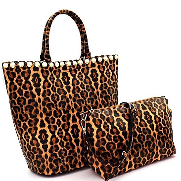 2 IN 1 PEARL ACCENT LEOPARD PRINT TOTE SET